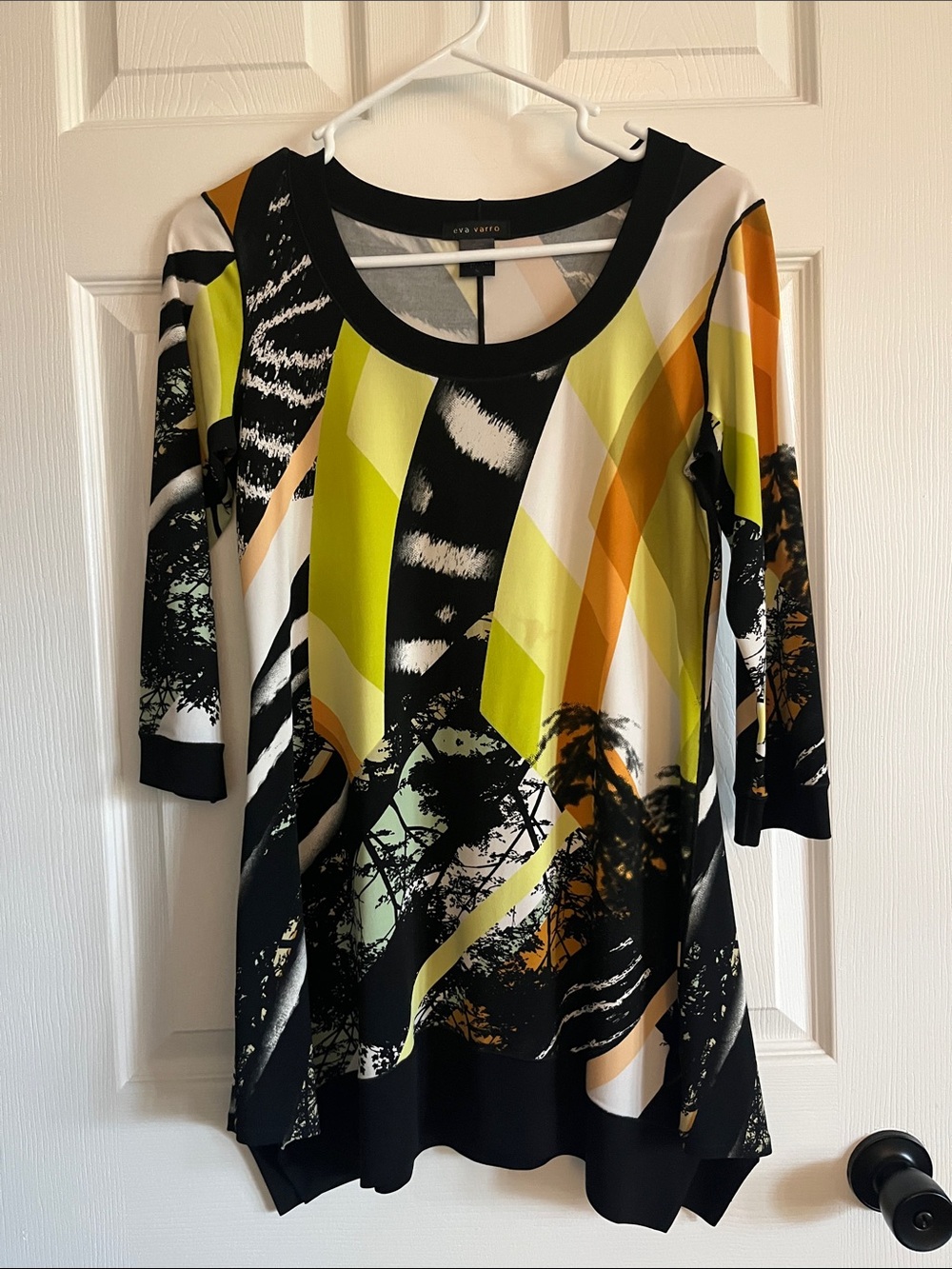 eva varro Black White Yellow Orange Abstract Scoop Neck Tunic